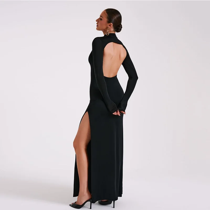 Elegant Basic Long Sleeve Solid Hole Backless Slit Split Women'S Dresses Party Club Evening Wholesale Winter Clothes