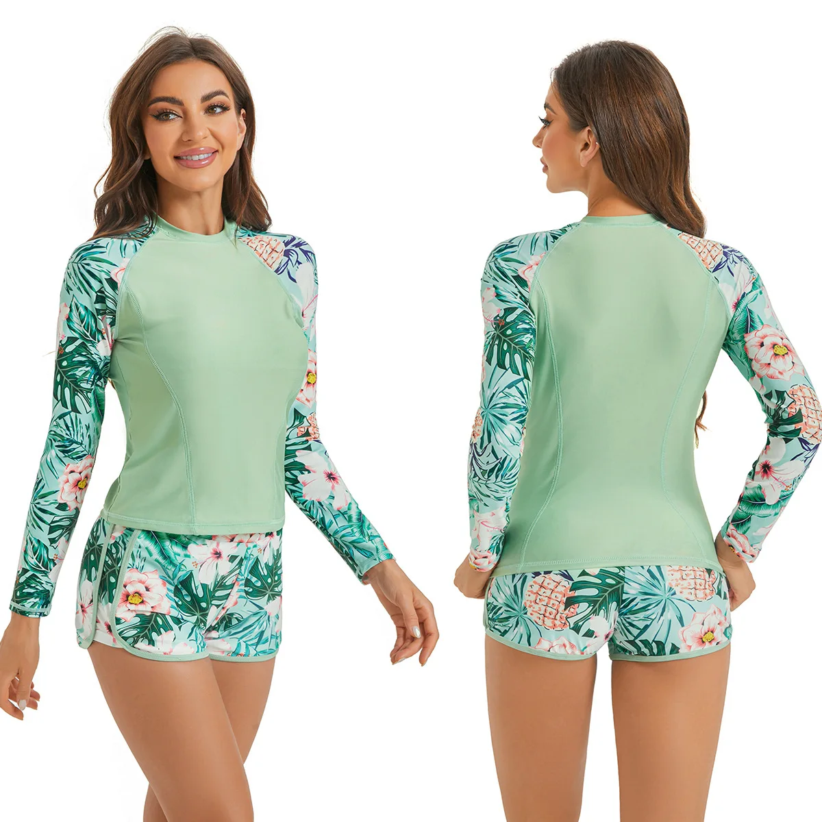 

Swimsuit Long Sleeves Swimwear Female Sports Surfing Tankini Set Beachwear Two-Piece Bathing Suits Shorts Women Swimming Suit