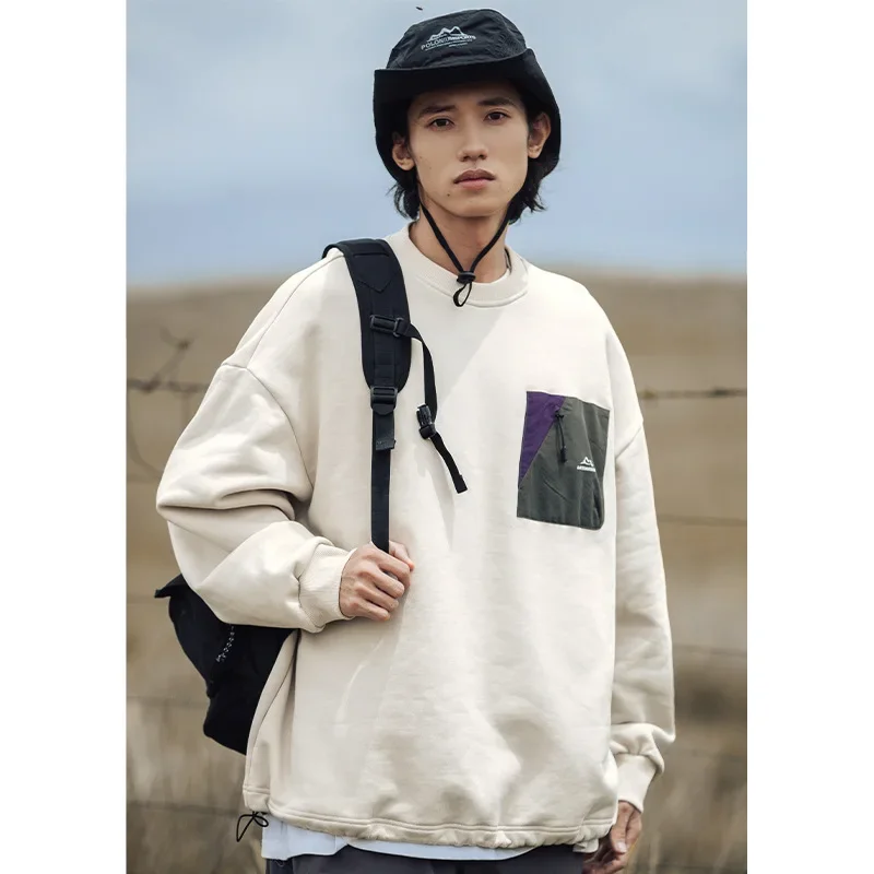 Korean Version Men's Mountain Style Patchwork Pocket Sweater, Men's Autumn and Winter New Drawstring Hem, HeavyWeight Streetwear