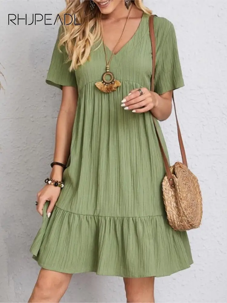 

Wopmen Casual Loose Midi Dress Summer Short Sleeve V-neck Solid Color Ruffles Holiday Beach Dresses 2023 Robe Femme