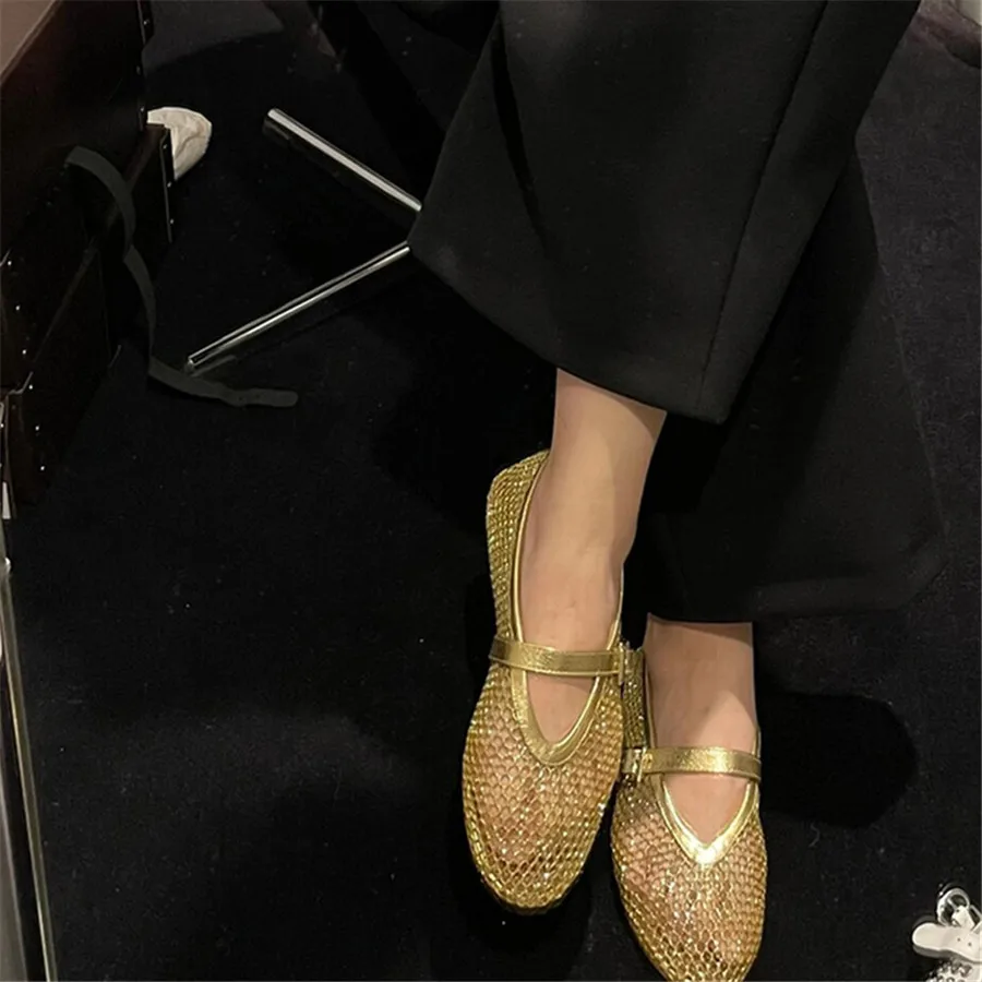 2024 New Gold Women Flats Ballet Dance Shoes Hollow Out Mesh Walking Loafers Ladies Mary Janes Strap Espadrilles Summer Sandals