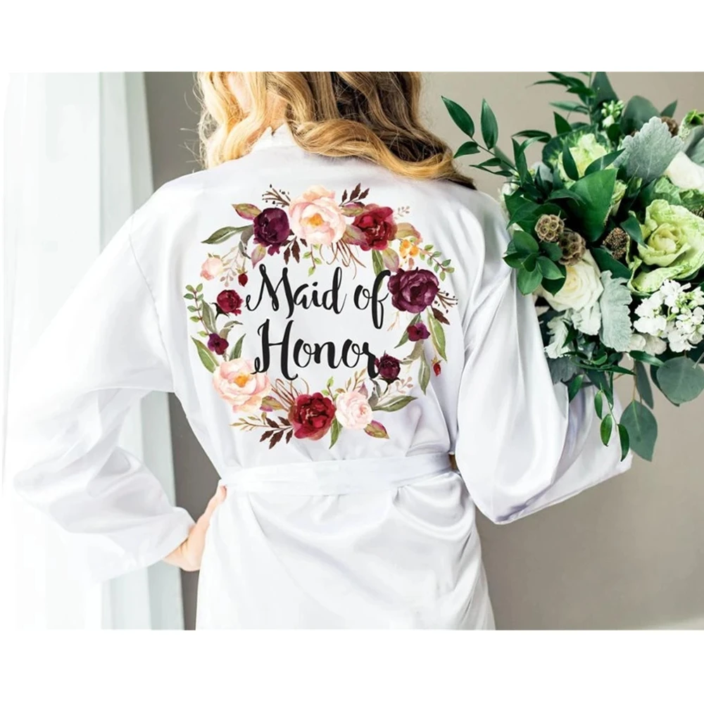 personalise name title Wedding Robes for Bride & Bridesmaids gifts, Custom White floral bride