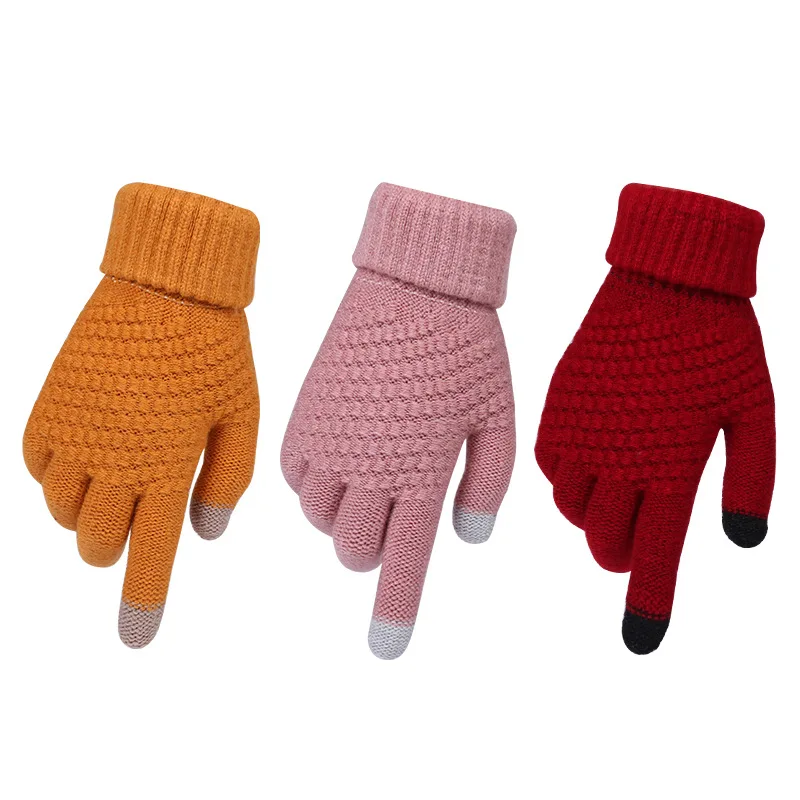 

Winter Warm Touch Screen Gloves Crochet Stretch Wool Knitted Full Finger Mittens Solid Color Cycling Gloves Women Men Guantes