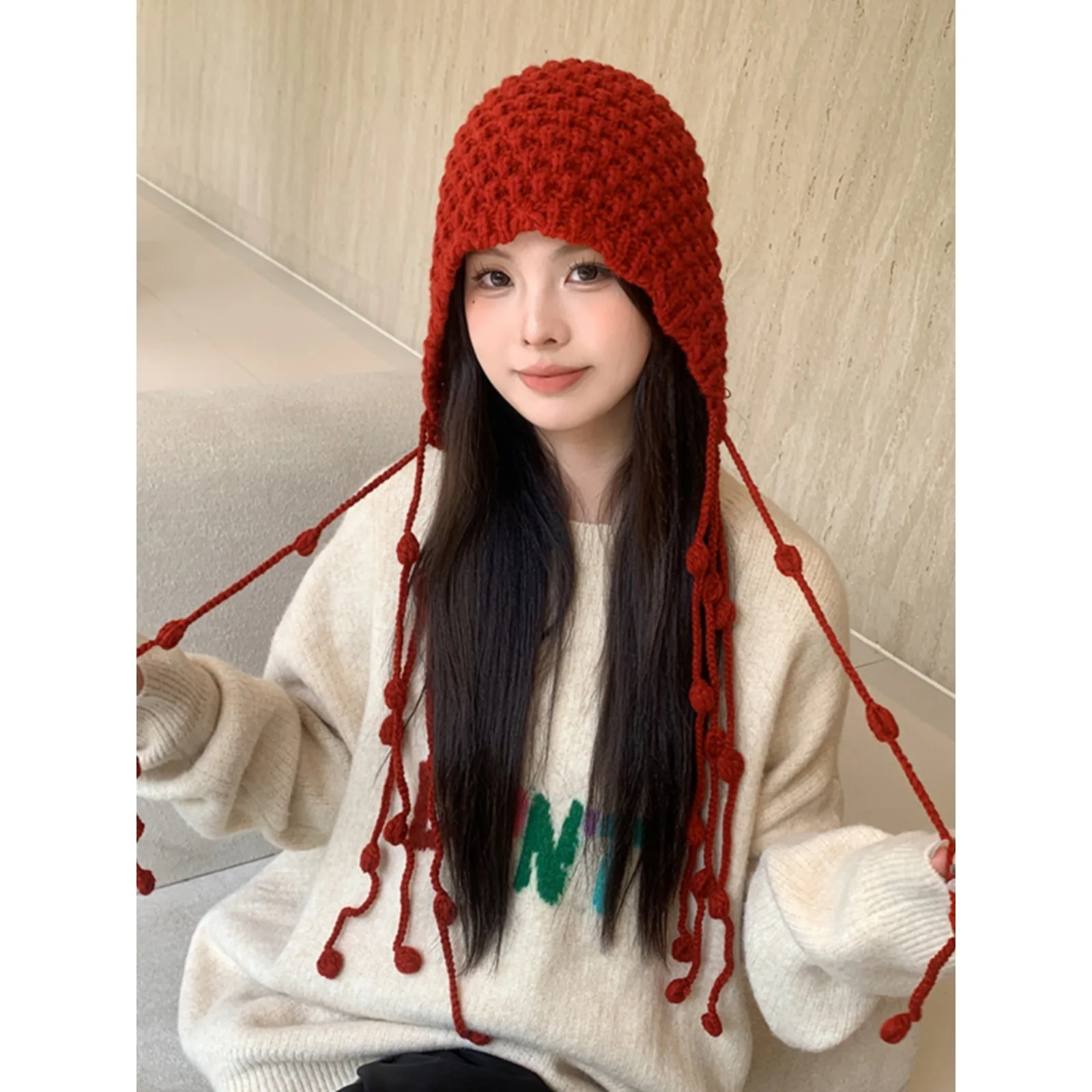 

Spring Festival Winter Handmade Fashion Tassel Ball Thickened Hat Women's Strap Knitted Hat Fashion Hats &Caps Men Bonnet Enfant