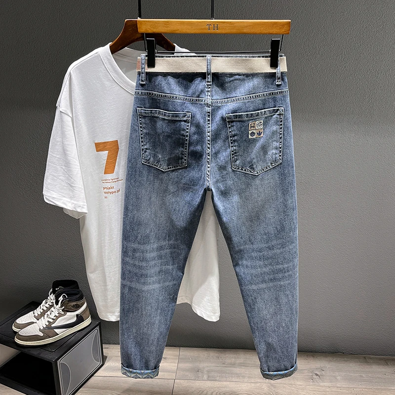 2025 Autumn Men's Stretch Jeans Fashion Tapered Slim Small Feet Ankle Harem Pants Casual Denim Trousers Streetwear Free Belt 4