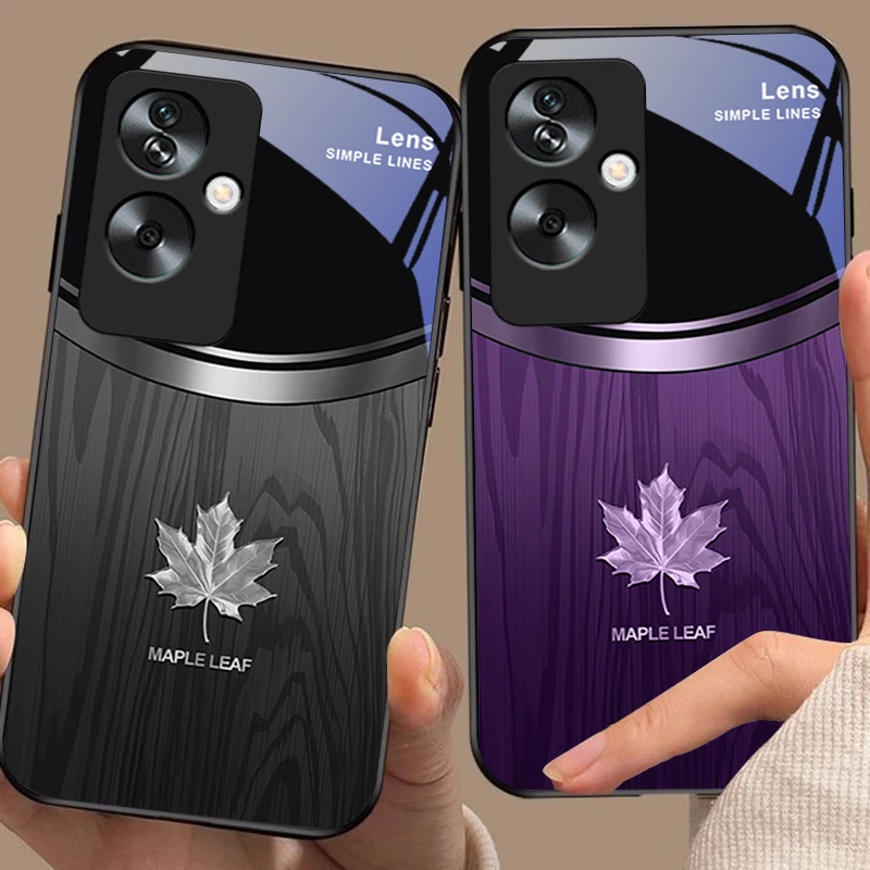 Wood Grain Maple Leaf Tempered Glass Black Phone Case