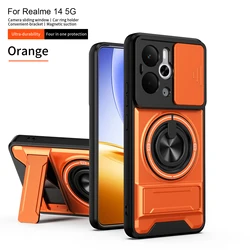 Enhanced Protective Magnetic Armor Phone Case with Foldable Holder and Camera Protection for Realme 14 5G (SJia - Orange)