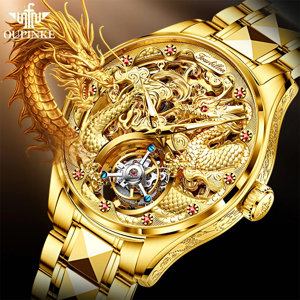 OUPINKE Top Brand Men's Watches High Quality Tourbillon Movement Automatic Mechanical Watch Tungsten Steel Strip Gold Male Watch