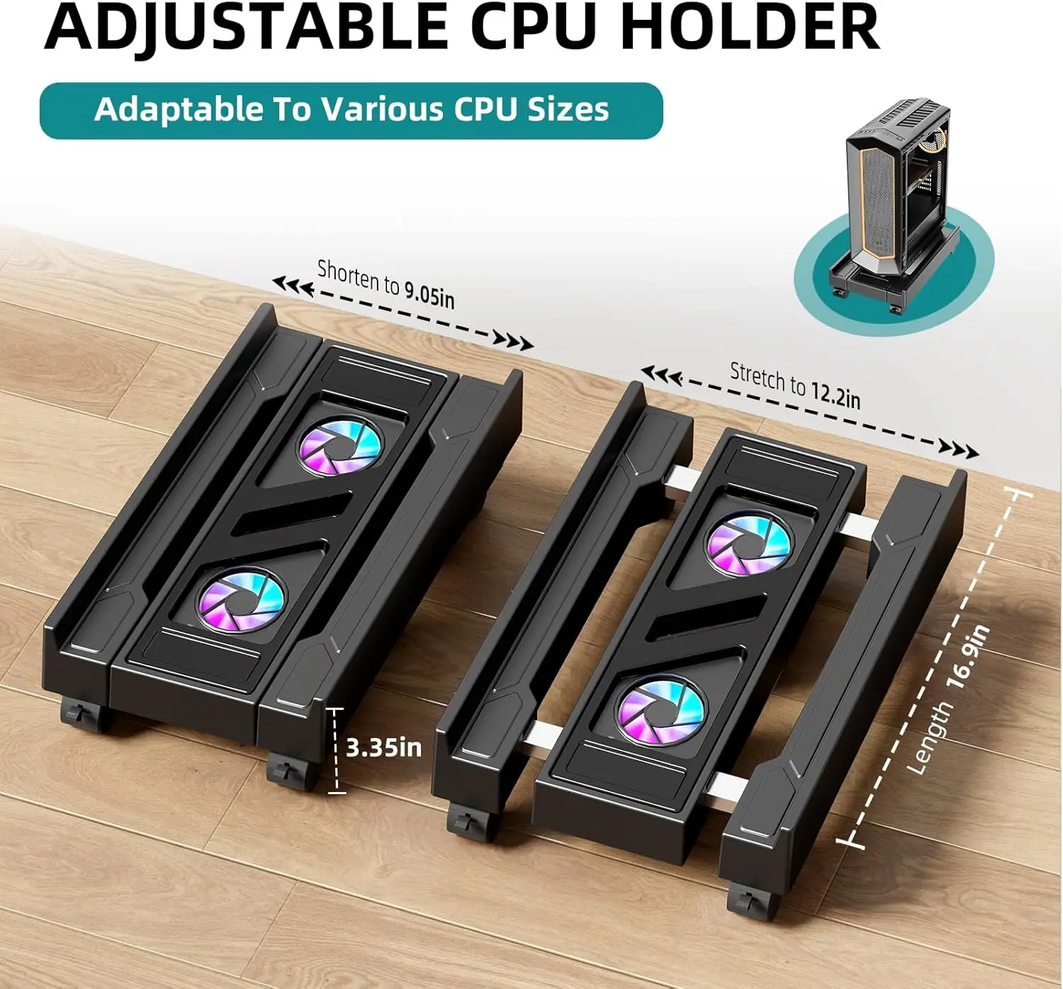 Adjustable Computer Tower Stand with Cooling Fan Mobile CPU Holder 4 Rolling Casters PC Floor Cart PC Riser Under Desk CPU