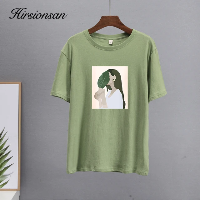 Hirsionsan Harajuku Printed T Shirt Women 2022 Summer Chic Tees 100% Cotton Elegant Graphic Clothes Loose Casual Pullover Tops 3