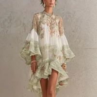 2026 new European and American style printing lotus leaf edge dress women’s vacation style loose and elegant fashion short dress