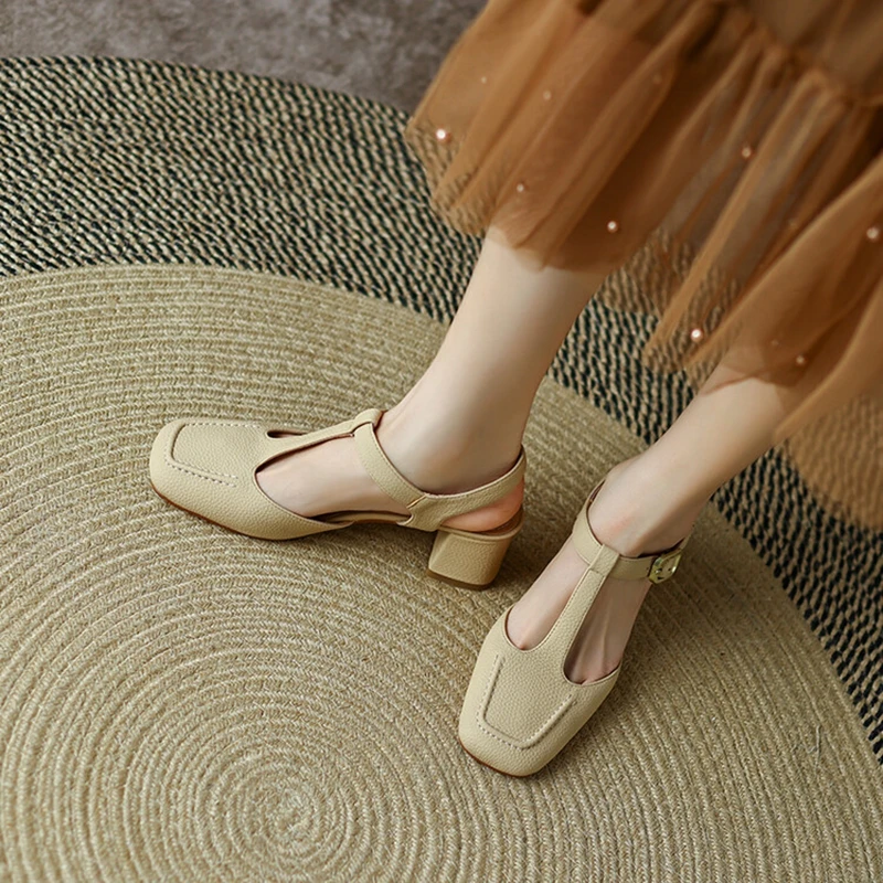 

NEW Summer Sandals Women Square Toe Chunky Heel Shoes Mid Heel Split Leather Shoes Women Solid Cover Toe Female Shoes Mary Janes
