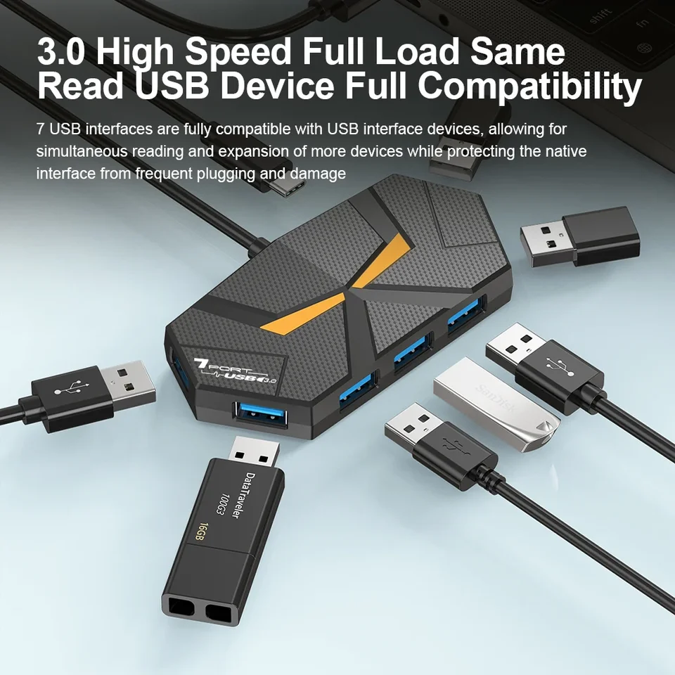 7 Ports USB 3.0 HUB Type C Docking Station 5Gbps High Speed Transmission Splitter Adapter For Laptop Hard Drive Mouse_voghion.com