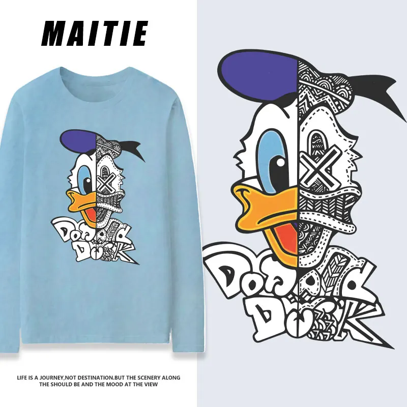 

2023 Autumn New Disney Donald Duck Co branded Long sleeved T-shirt Women's Pure Cotton Thin Loose Bottom Shirt Clothes