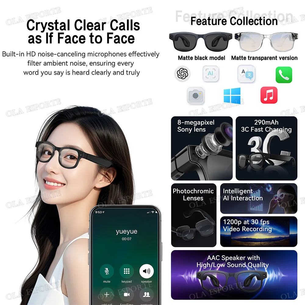 New HD AI Smart Glasses Photochromic Multifunction Bluetooth Call Voice Assistant Music Player Chat gpt Translate Camera Glasses