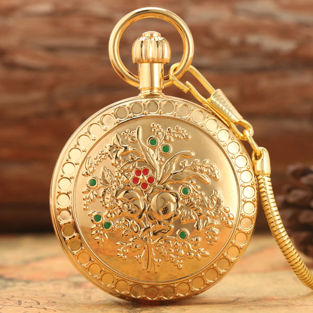 

Flower Pattern Gold Copper Mechanical Self Winding Men's Pocket Watch Luxury Antique Style Gift Man Retro Chain Pocket Timepiece