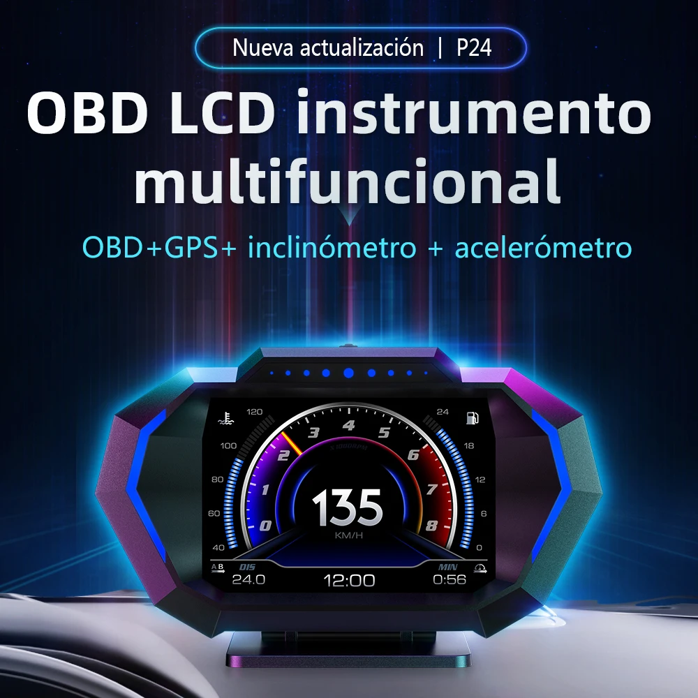 OBD + GPS HUD P24 coche OBD Head Up Display HUD a bordo ordenador velocímetro Digital temperatura del agua consumo de combustible medidor de pendiente Sistema de diagnóstico a bordo + pantalla frontal del sistema de 1