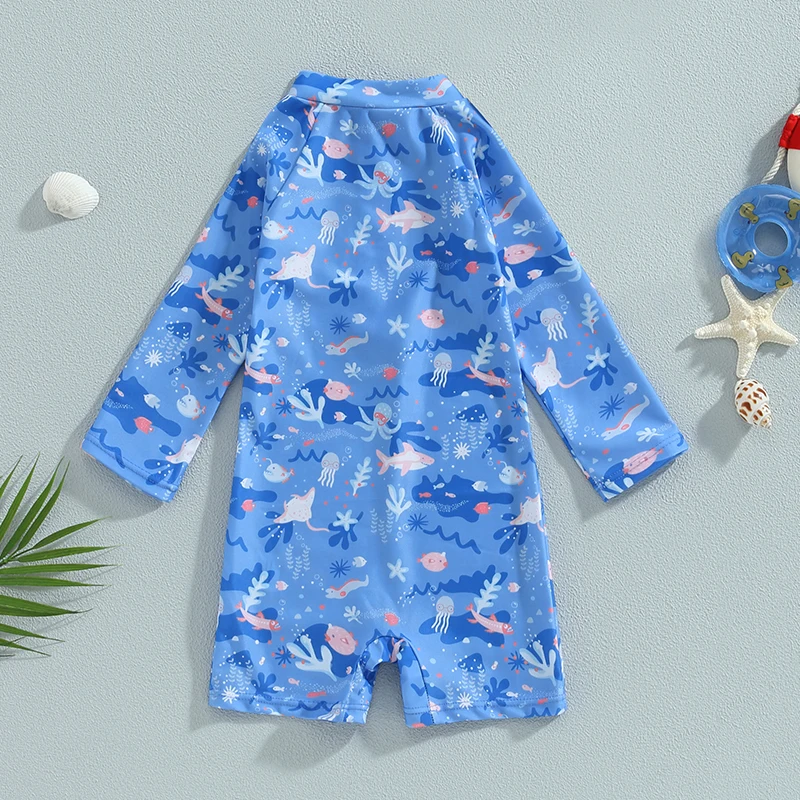 유아 소년 래쉬가드 수영복, 긴팔 상어 프린트 지퍼, 목욕 세트, 여름 해변 수영복 