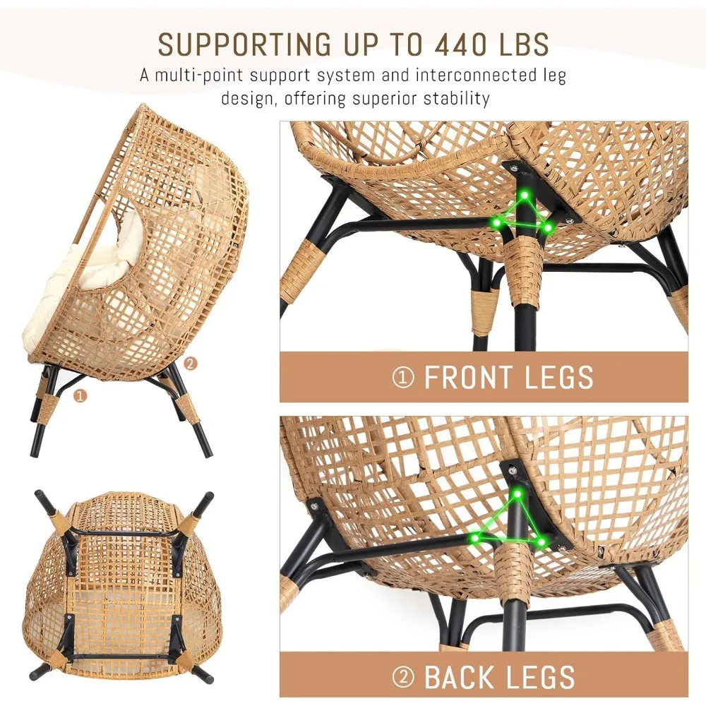 2 Pieces Egg Chair Wicker Patio Egg Chair with Ottoman Rattan Teardrop Cuddle Cocoon Chair for Indoor Outdoor Bedroom Porch Back 3