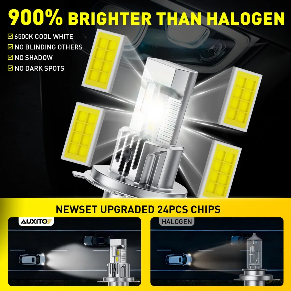 AUXITO 2개 LED 램프 H4 헤드라이트 전구 팬리스 12V 1:1 미니 사이즈 디자인 6500K 화이트 H4 9003 LED 헤드라이트 키트 상향등/하향등