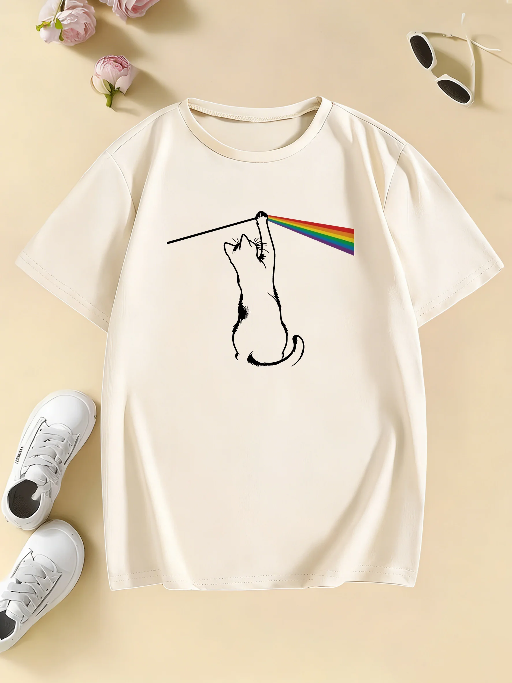 패션 레인보우 고양이 디자인 프린트 티셔츠 어린이 어린이 티셔츠 소년 소녀 여름 봄 캐주얼 탑 티