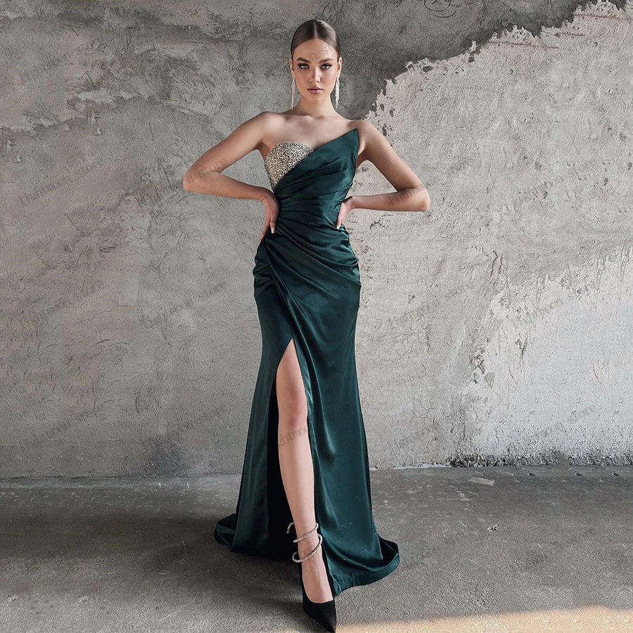 

Simple Evening Dresses Satin Prom Dress Sheath Mermaid Satin Pleated Robes For Formal Party Sequin Appliques Vestidos De Gala