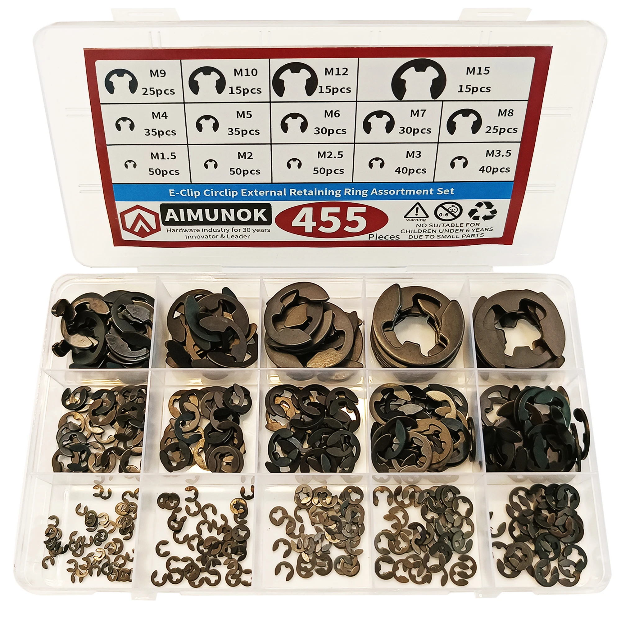 Aimunok-e-clip External Retenção Anéis Sortimento Grupo Aço Carbono Elevado C-clip Kit Circlip Sna 14 Tamanhos Sae 455 Pcs