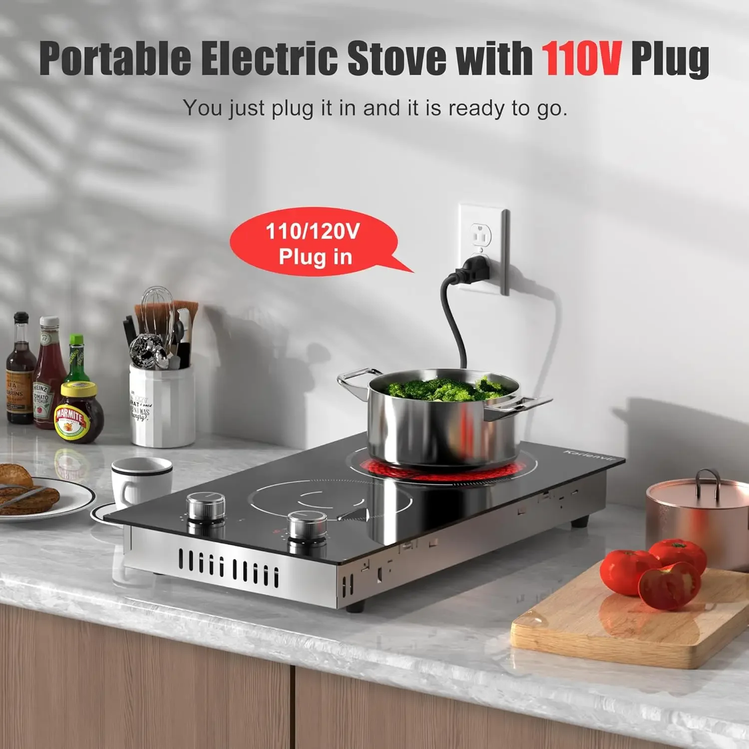 Electric Cooktop 2 Burners, Knob Control, Plug in Electric Stove 110v, 2000w, 9 Power Levels, Countertop & Built-in Ceramic Cook 2