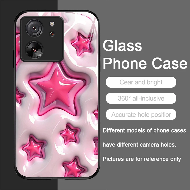 Chic Heart and Star Pattern Tempered Glass Phone Case - Y2K Style