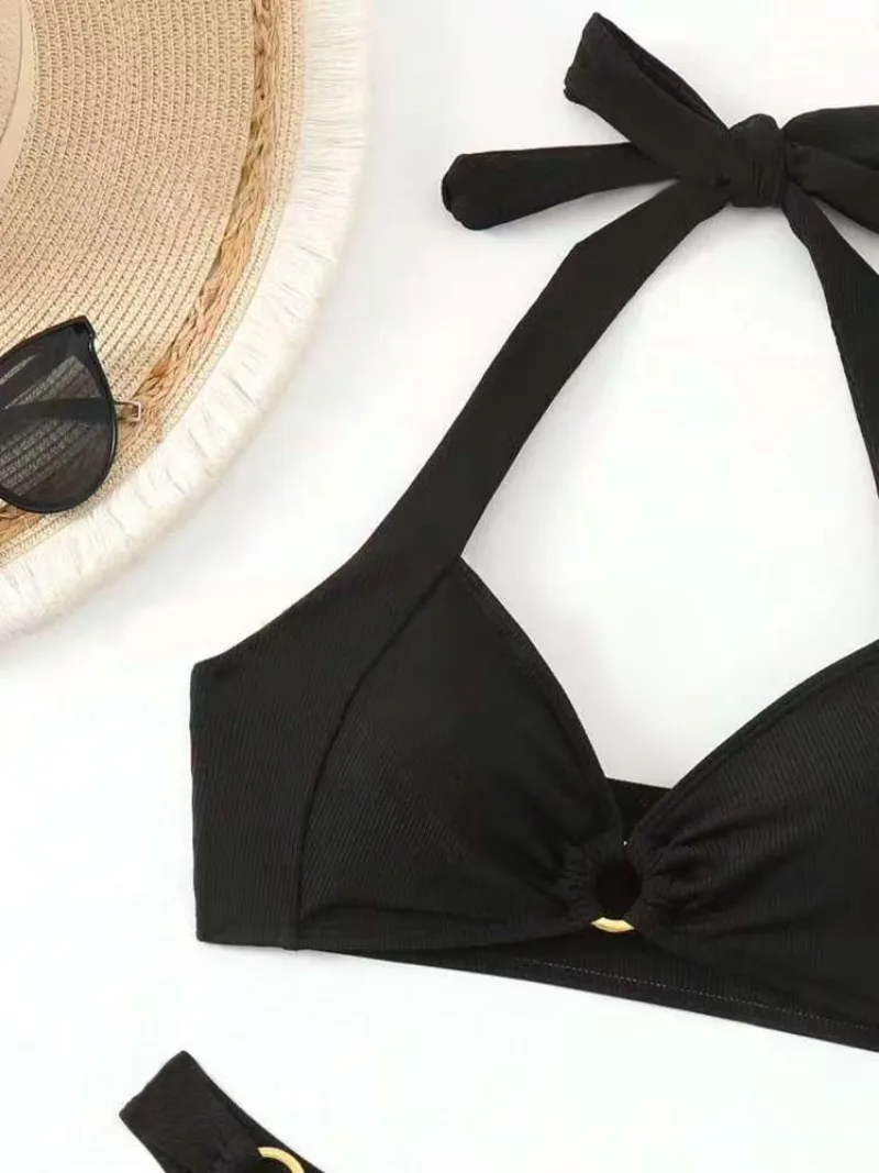 Adjustable Halter Bikini Set Solid Color Bikini Neck Trendy Swimwear for  Women Ladys Bathing Suit