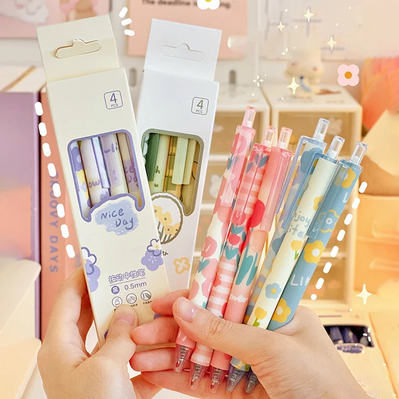 

4pcs Romantic Flower Automatic Neutral Pens Kawaii Black Ink Mechanical Gel Pens Press Pen Korean Stationery Prize School Office