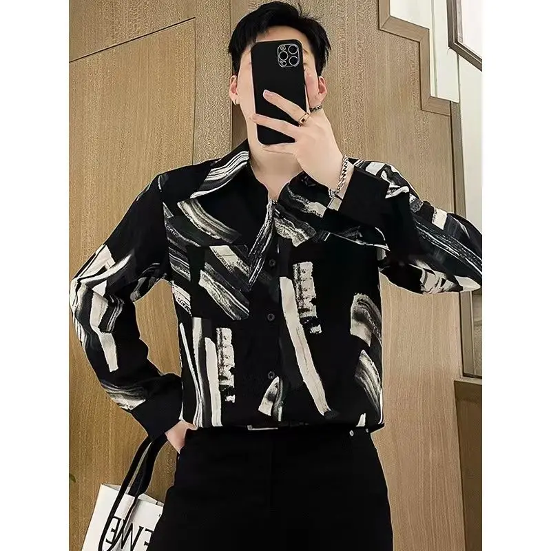 

Tie Dye Shirts Long Sleeve Gothic Oversized Blouse Korean Streetwear Harajuku Drape Men Loose Fashion Print Clothes Tops A107