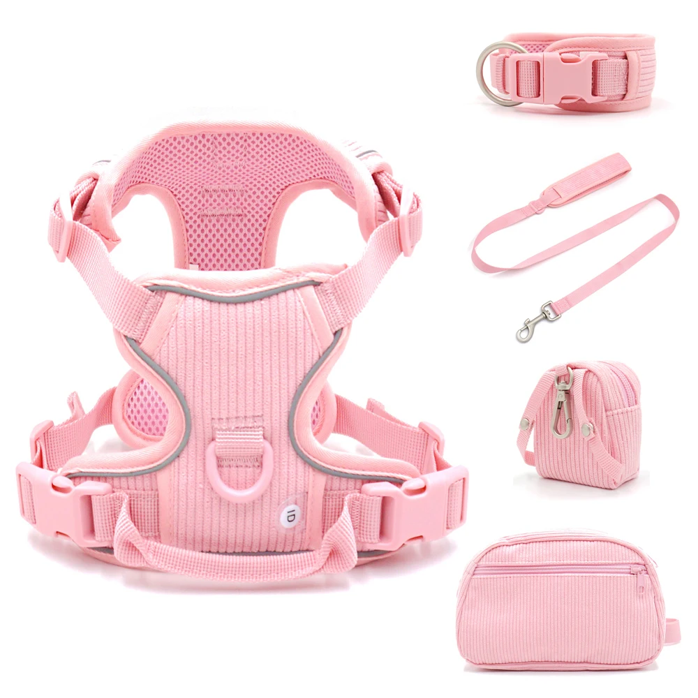 Personalized Dog Harness Set Luxury Designer Dog Collar Leash Poop Bag with Walking Bag Reflective No Pull Harness Vest