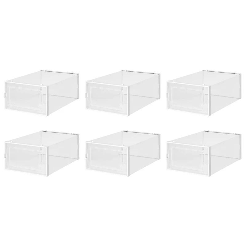Clear Shoe Storage Box, Plastic,Foldable And Stackable, Set Of 6, For Storage And Display Of Men And Women Shoes, White