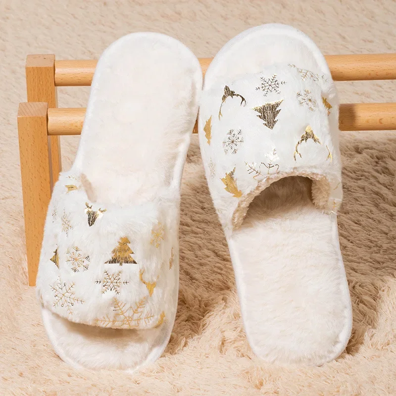 Womens Christmas Fluffy Fur Slippers Soft Sole Plus Size Non Slip Plush Slides Woman Winter Comfort Indoor Home Slippers Shoes 6