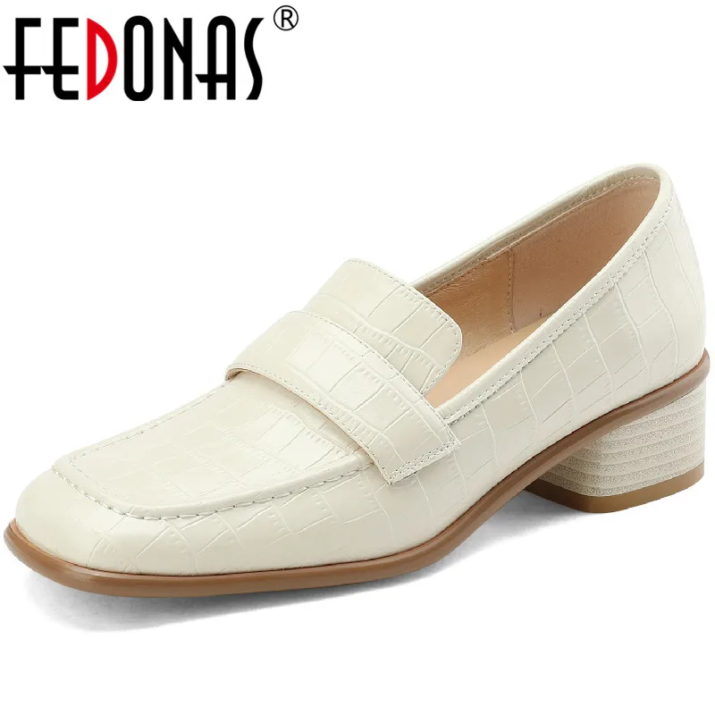 FEDONAS Concise Retro Mature Women Pumps Spring Autumn Office Dress Casual Thick Heels Square Toe Genuine Leather Shoes Woman