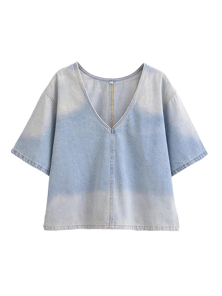 

2024 New Fashion Blue Washed Color Ladies Loose Denim Tops Womens Casual V-Neck Short Sleeve Summer Blouse