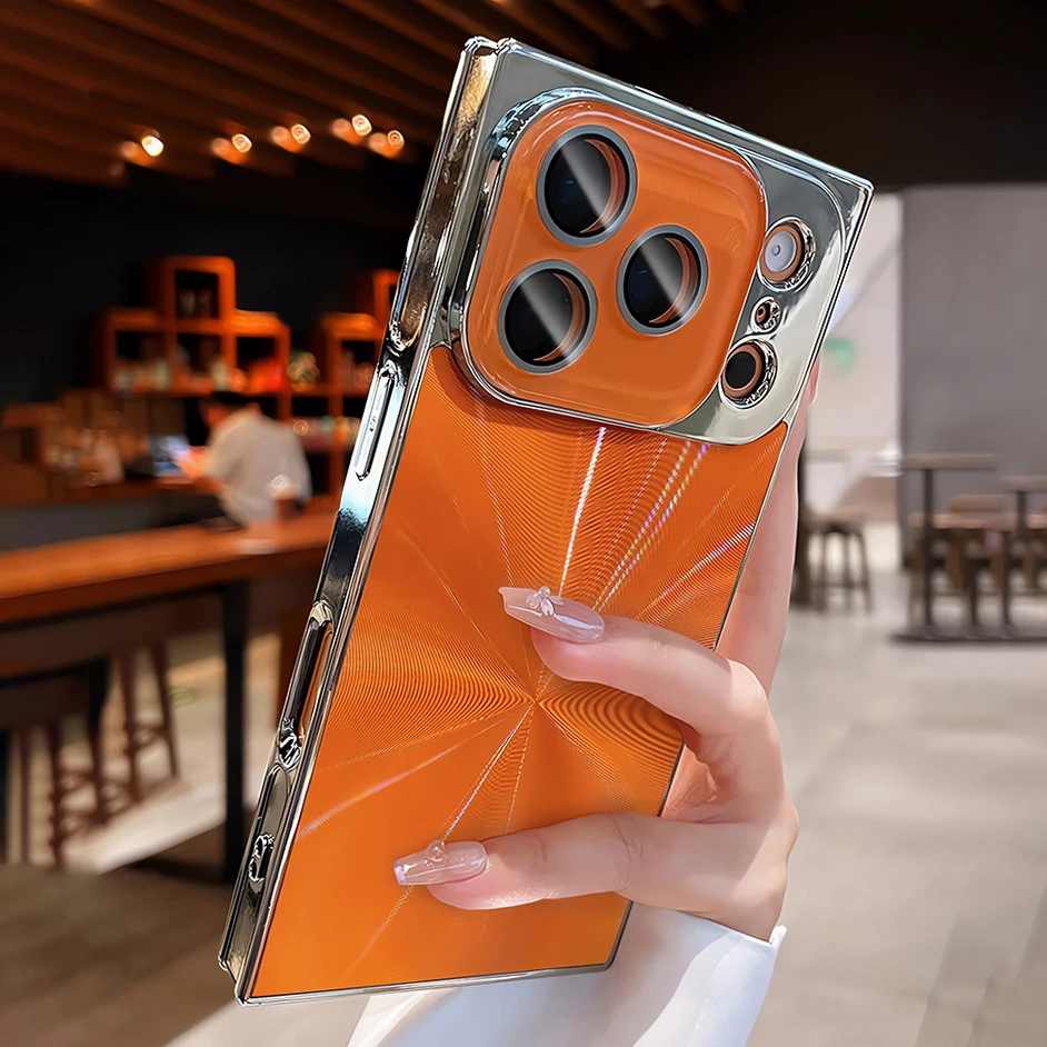 Luxury Plating CD Texture Square Armor Phone Case with Crystal Lens Glass and Shockproof Cover