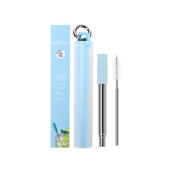 Eco - Friendly Reusable Retractable Straw Set with Portable Cleaning Brush and Keychain Holder (Blue)