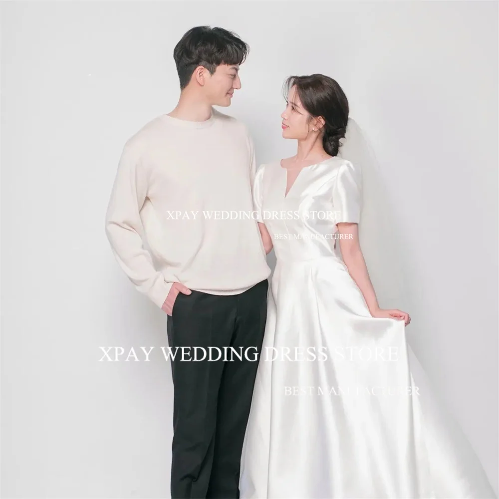 XPAY Simple Soft Satin Korea Wedding Dresses A Line Short Sleeve Sweep Train Bridal Gowns Cut Out V Neck Pleats Bride Dress 5