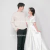 XPAY Simple Soft Satin Korea Wedding Dresses A Line Short Sleeve Sweep Train Bridal Gowns Cut Out V Neck Pleats Bride Dress 5