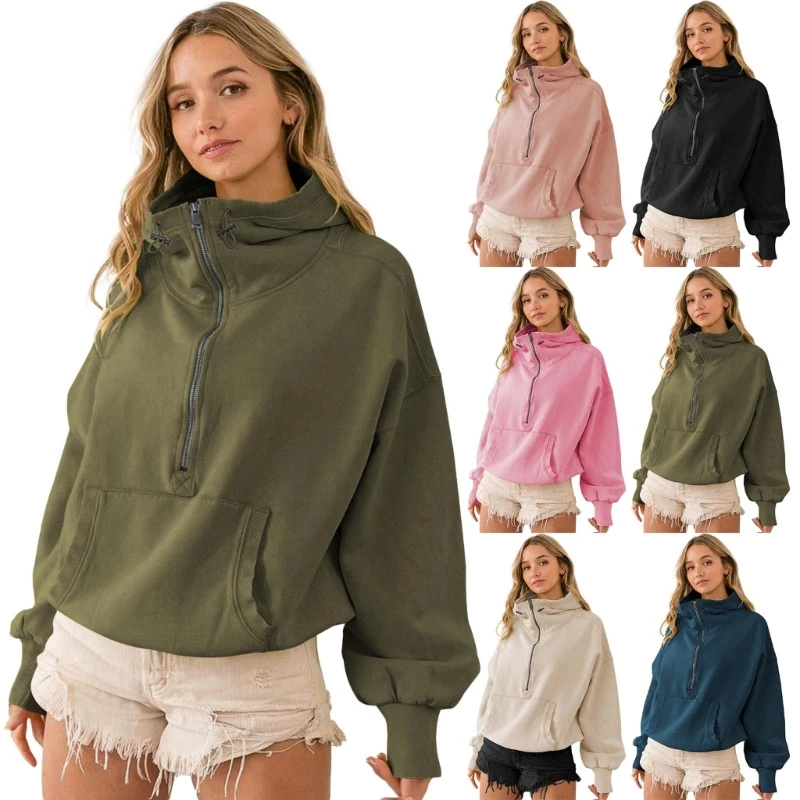 

Womens Hoodie Half Zipper Long Sleeve Solid Color Crop Pullover Sweatshirts with Pockets Outdoor Sportswears