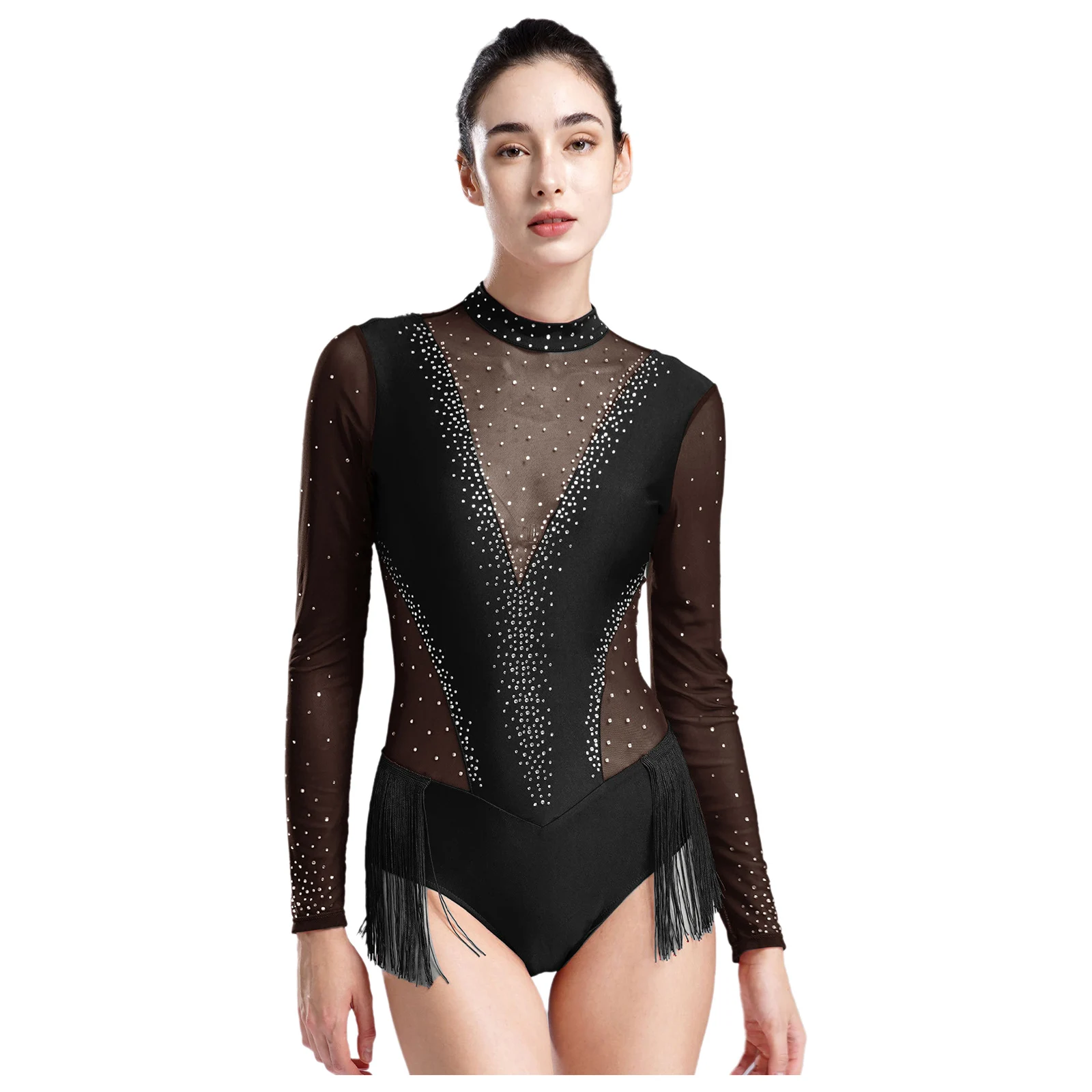 Womens Long Sleeve Tassel Bodysuit Ballet Gymnastics Skating