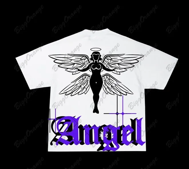 JC New Angel Pattern Letter Mysterious Print T-shirt 2024 Casual Street Short Sleeve Men's and Women's Top T-shirt y2k top
