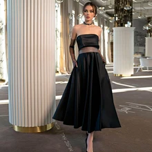 

Elegant Black Tea Length Evening Dress 2022 Women's Strapless Sleeveless Sexy Backless Prom Dress Satin Party Gowns with Sashes