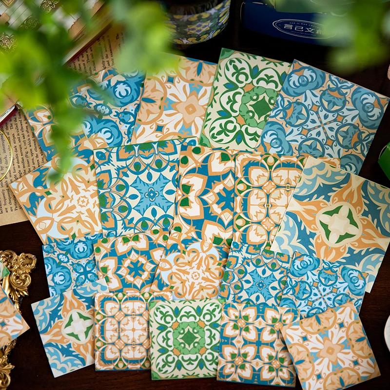 

100Sheets Stickers Box Mounted Pattern Tiles Retro Artistic Patterns Ethnic Curtains Decorative Celadon School Supplies 8CM