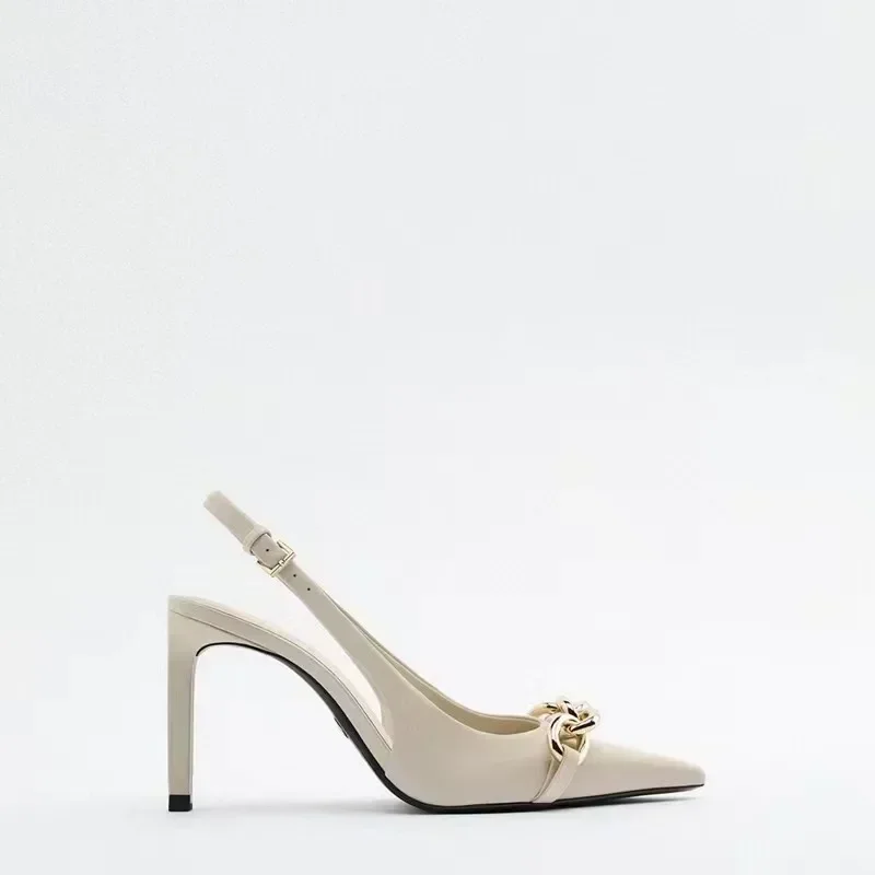 New Summer Sexy Slingback Sandals Women High Heel Metal Chain Design Fashion Pointed Toe Women Party High Heel Sandals