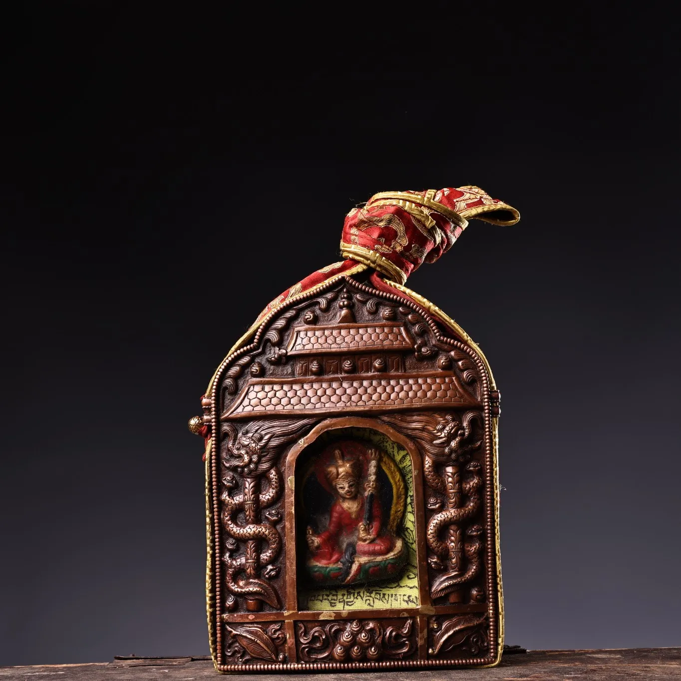

8"Tibetan Temple Collection Old purple Bronze Cinnabar Four Arm Guanyin Buddha Gawu Box Amulet Dharma Hanging screen Town House