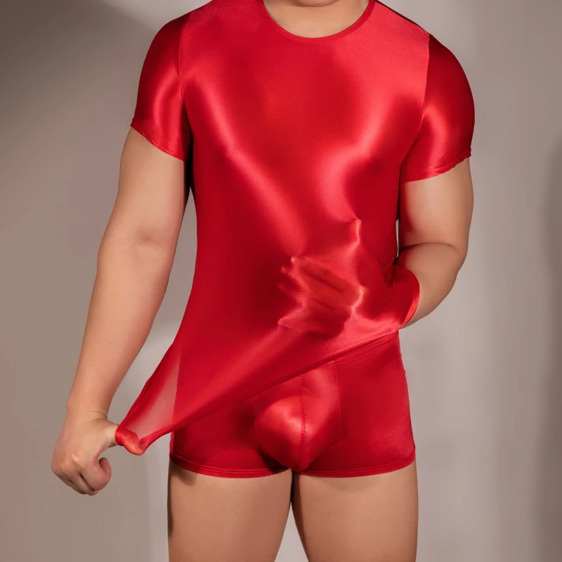 Mens Glossy T-shirt Top Oil Shiny ShortSleeve Slim Fit Gym Yoga Sport Tight Tee Sportwear Transparent Rave Party Clubwear