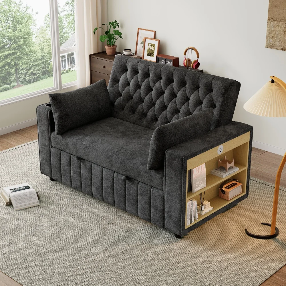 Multifunktionales Schlafsofa, modernes Klappsofa mit Stauraum und Schlaffunktion, Getränkehalter, USB-Ladeanschluss und Kissen – Detail 14
